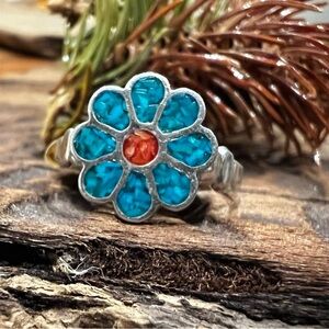 NOS Navajo Zuni Flower Ring Crushed Blue Turquoise Red Coral Bell Sterling 8
